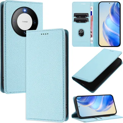Produktbild von Litchi Leder Handyhülle für Huawei Mate 60 Wallet Kartenfächer Standfunktion Hülle Hellblau