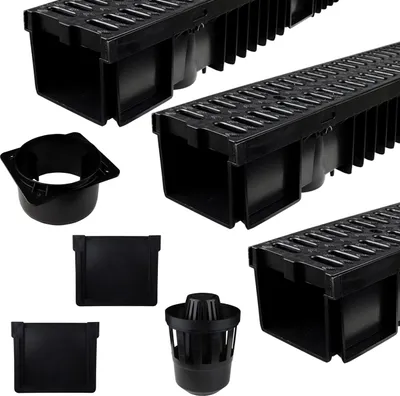 Produktbild von Entwässerungsrinne Schwarz Kunststoff 3 Meter – Komplettset