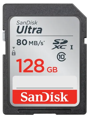 Produktbild von SanDisk Ultra, 128 GB, SDXC, Klasse 10, UHS-I, 80 MB/s, Magnetsicher, Schockresistent, Temperaturbeständig, Wasserdicht