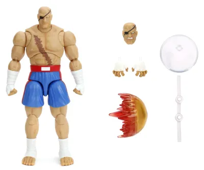 Produktbild von Jada Toys Street Fighter Figur Sagat (19 cm) - bewegliche Sammel- und Actionfigur aus Street Fighter 2: The Final Challengers, mit alternativem Kopf,