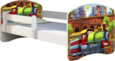 Produktbild von ACMA Jugendbett Kinderbett Junior-Bett Komplett-Set mit Matratze Lattenrost und Rausfallschutz Weiß 44 Lokomotive 160x80