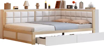 Produktbild von Sweiko Sofa-Holzbett 140 x 200, multifunktionales Bett mit weicher Rückenlehne, großer Stauraumschublade, Einzelbett, Jugendbett, Holzbett aus Kiefernholz, Holzfarbe