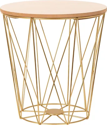 A gold wire side table with a wooden top on a white background.