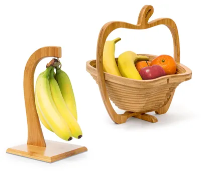 Produktbild von 2 tlg Obst Set, Bananenhalter, Obstkorb, Obsthalter, Obstschale, Obstständer, Faltkorb, Bananenständer, Dekoschale, Holz