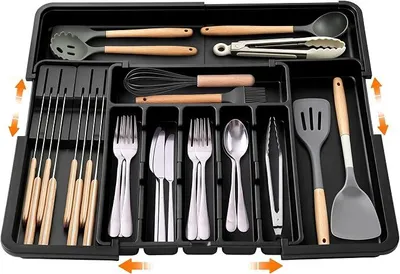 Produktbild von PolkaHome® Besteckkasten für Schubladen, ausziehbar, 6-9 Fächer, Organizer für Küche, Bad & Büro