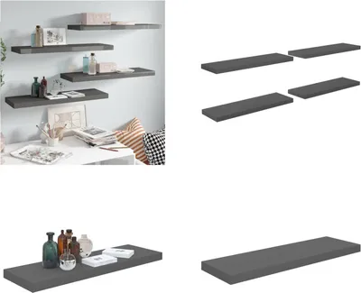 Image de vidaXL Étagères flottantes 4 pcs. Gris brillant 80x23,5x3,8 cm MDF - Etagère murale - Etagère murale flottante - Etagère murale flottante