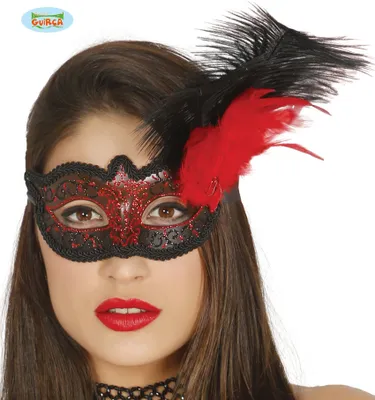 Produktbild von Rot und schwarz verzierte Maske mit Feder, 1 Stk.