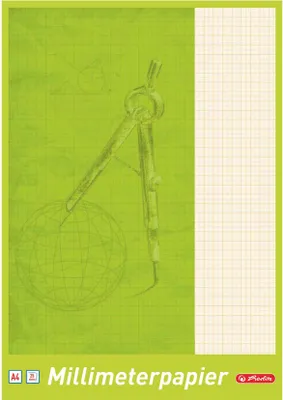 A product image of a millimeter paper block with a drawing of a compass and globe on the cover.