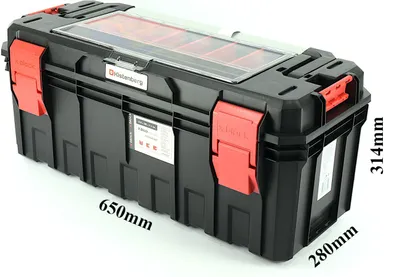 A black toolbox with red latches and a clear lid, shown from a slight diagonal angle.