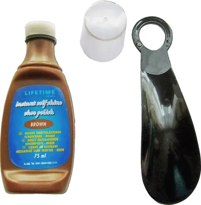 Produktbild von SCHUHLÖFFEL 15,5cm schwarz + SCHUHCREME 75ml braun Schuhanzieher 47