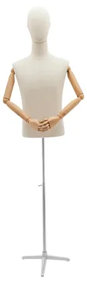 Produktbild von Herren Schneiderpuppe - Oberkörper Schaufensterpuppe - Verstellbare Höhe 134–193 cm - Holzkörper mit Metallständer - Nähen & Ladenpräsentation - Leinen silber
