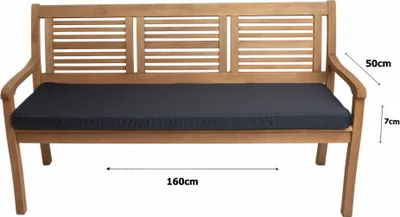 A wooden garden bench with a blue cushion, shown with dimensions indicated.