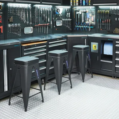Produktbild von Werkstatthocker 3er Set, Gesamthöhe 73 cm, Sitz 30x31 cm, ergonomisch, stabil, weiche Polsterung, pulverbeschichtet