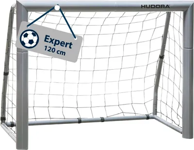A soccer goal with a tag indicating its size and model.