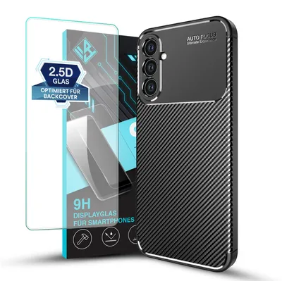 Produktbild von Handy Hülle für Samsung Galaxy A34 5G mit 9H Displayglas Displayschutz Carbon Look Cover Case Schutzhülle Farbe: Schwarz