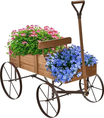 Produktbild von GOPLUS Blumenwagen, Holzwagen mit Metall Räder, Blumenständer, Blumenkasten, Pflanzenständer für Garten&Terrase&Outdoor, Regal für Blumentopf