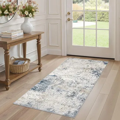 Produktbild von Teppich groß, beige blau, Kurzflor, rutschfest, für Wohnzimmer
