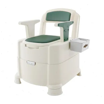 Image de Siège de toilette mobile - chaise de nuit pour personnes âgées - double seau intérieur - couvercle à fermeture douce - système anti-odeurs - veilleuse à détecteur de mouvement - couleur vert armée