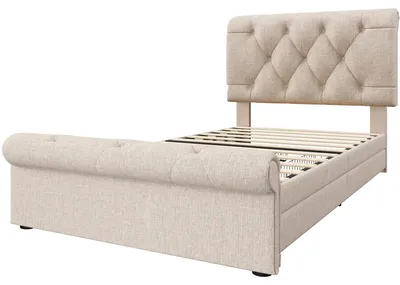Zdjęcie produktu dla Łóżko Chesterfield – jednoosobowe, wymiary 90 x 200 cm – 2 pojemniki na pościel – regulowane zagłówki – kolor beżowy – bez materaca