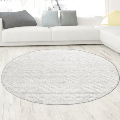 Produktbild von Hochflorteppich im Boho Style mit Kreis- und Rautenmster in Creme Größe - 160 cm Rund