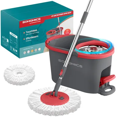 Obrázek produktu pro SONGMICS Sada na mytí podlah s košem na odstřeňování, mop na podlahu s funkcí odstřeňování, teleskopická tyč, pro domácnost, 1 návlek, šedá/červená barva