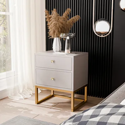 Produktbild von IDOHOME-Nachttisch mit zwei Schubladen und Diamantgriff MILO XL auf Gold Metallgestellfürs Schlafzimmer Nachtschrank