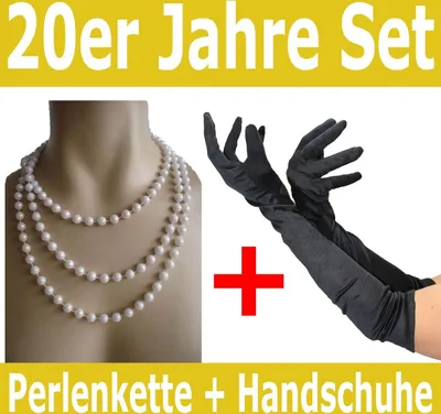 Produktbild von Spar-Pack | schwarze 20er Jahre Handschuhe und Perlenkette | Mafia Charleston Set