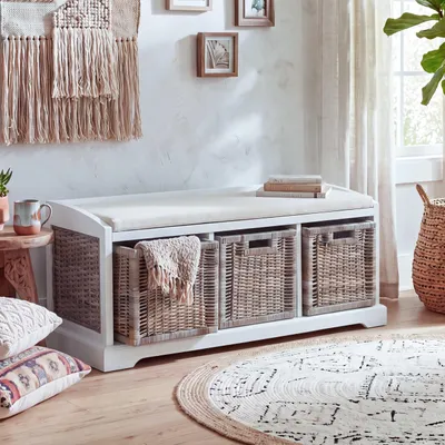 Immagine prodotto di Panca Bienne, contenitore, 3 cestini, vimini rattan Kubu, 112x46x37cm ~ bianco