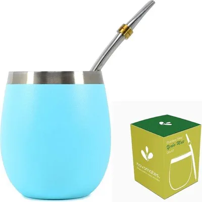 Obrázek produktu pro Sada na čaj Yerba Mate – dvojitý nerezový hrnek na Yerba Mate s náustkem – 237 ml, modrozelený