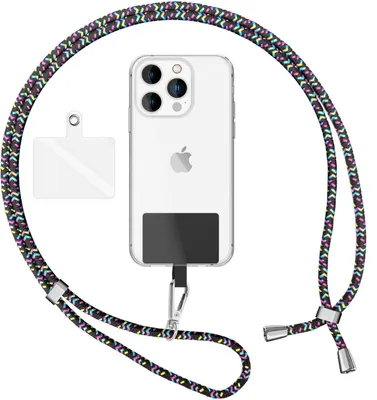 Produktbild von NALIA Universal Lanyard mit 2 Pads & Karabinerhaken - 160cm Handykette zum Umhängen - Schwarz Bunt