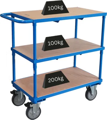 Produktbild von Profi Tischwagen mit 3 Etagen | HxBxT 99x98x50cm | Traglast 400 kg | Vollgummibereifung, 2x Lenkrollen mit Feststellbremse & 2x Bockrollen | Lichtblau | Transportwagen Etagenwagen Kommissionierwagen