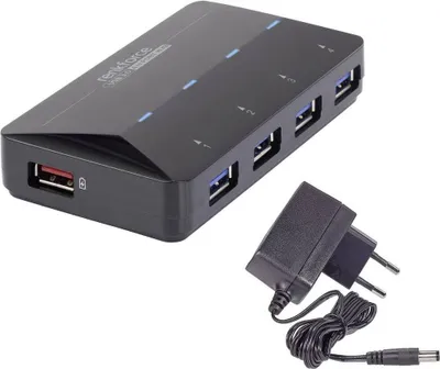 Produktbild von Renkforce RF-3806031 USB-Hub 4 Port USB-A USB 3.0 5 GBit/s mit Schnellladeport, mit Status-LEDs Schwarz