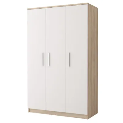 A white and wood grain wardrobe with four doors against a white background.