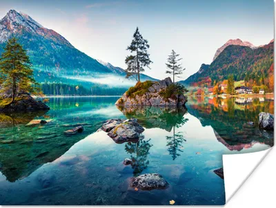 Produktbild von MuchoWow® Poster Berge - See - Bäume - Natur - Wasser 120x90 cm - Wandbild