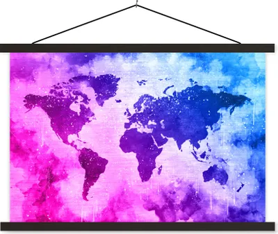 Produktbild von MuchoWow® Textilposter Weltkarte - Rosa - Lila 120x80 cm mit schwarzem Rahmen - Wanddeko