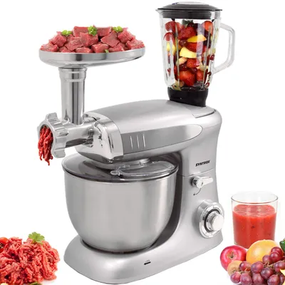 Produktbild von Syntrox Germany Teigknetmaschine 1300W 6,5L mit Fleischwolf silber