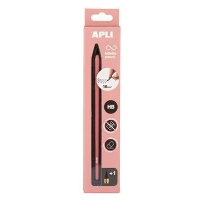 A pink cardboard box packaging for an APLI Infinite Pencil.