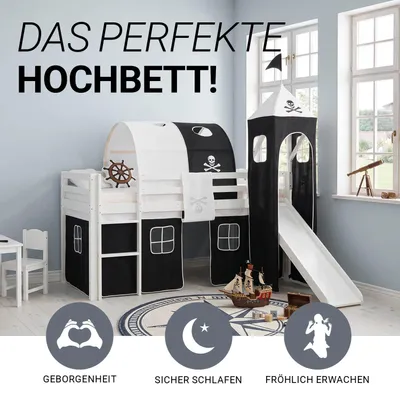 Produktbild von Homestyle4u Hochbett 90x200 Kinder mit Rutsche mit Lattenrost Turm Tunnel Vorhang Pirat Junge Schwarz Kinderbett Weiß Holz Spielbett Rausfallschutz