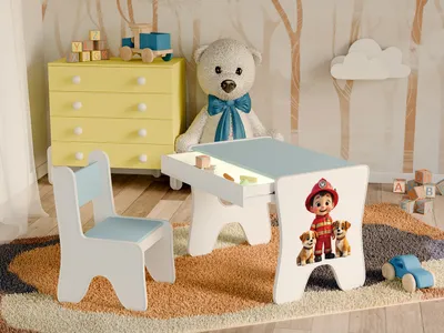Produktbild von Happy Babies - Kinderschreibtisch-Stuhl-Set, ergonomischer Spieltisch mit geräumiger Schublade - Kinder-Lern- und Spieltisch - Kindermöbel, Feuerwehr