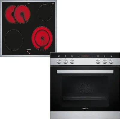 A top-down view of a black induction hob with red heating elements and a front view of a stainless steel oven.