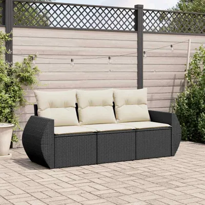 Image de vidaXL Ensemble de salon de jardin 3 pièces avec coussins noir poly rotin