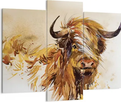 Produktbild von Bild auf Leinwand - Leinwandbild - 3 Teile - Stier Scotch Aquarell - 130x100cm - Wand Bild - Wanddeko - Wandbilder - Leinwanddruck - Bilder - Wanddekoration - Leinwand bilder - CB130x100-4708
