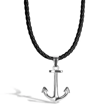 Obrázok produktu pre SERASAR | Kožený Náhrdelník pre Mužov [Anchor] z Stainless Steel | Farba: Strieborná | Dĺžka: 60cm