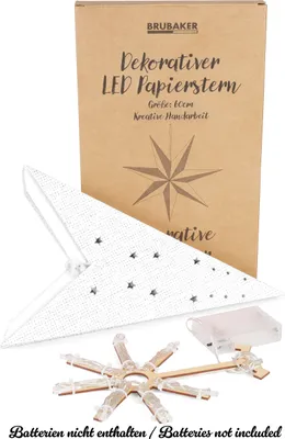 A white LED paper star and its packaging are displayed against a white background. The packaging shows the product name and a star graphic. Also visible is the LED light string and battery pack.