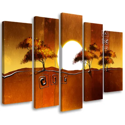 Produktbild von 5-teiliges leinwandbild afrika landschaft bäume 150x100 cm Feeby braun wandbild bereit zum aufhängen