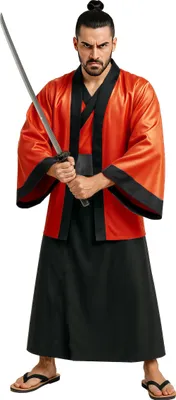 Produktbild von Ninja Krieger Kostüm Rot Samurai Krieger Karneval Kimono Lang Samurai Outfit Japanische Kampfkunst Kostüm Frühjahr Fest, Größe: 52 - 54 (L) Farbe: Rot / Schwarz