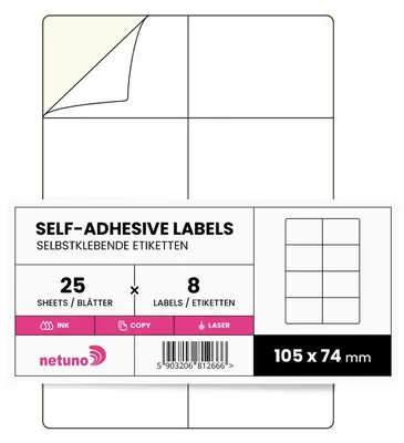 Productafbeelding van 25 witte zelfklevende etiketten A4 105 x 74 mm voor inkjet- en laserprinten