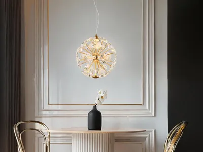 Produktbild von Globo Lighting Hängeleuchte Metall goldfarben, K9 Kristalle klar, Kabel PVC transparent, Höhe kürzbar, ø: 280mm, H: 1500mm, inkl. LED 12W 230V, 1900lm Source, 1400lm Output, 3000K
