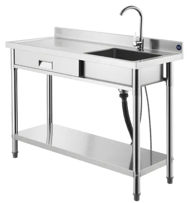 Produktbild von Spültisch Spülbecken Edelstahl (120 x 50 x 94 cm), Einzelbecken mit Wasserhahn & Schublade, Küchenspüle für Garage Restaurant Wäscherei
