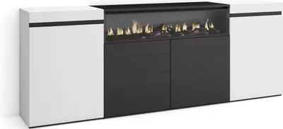 Immagine prodotto di COZY Credenza, Mobile, Cucina, 200x35x75cm, 4 Porte, Camino elettrico, Bianco e Nero